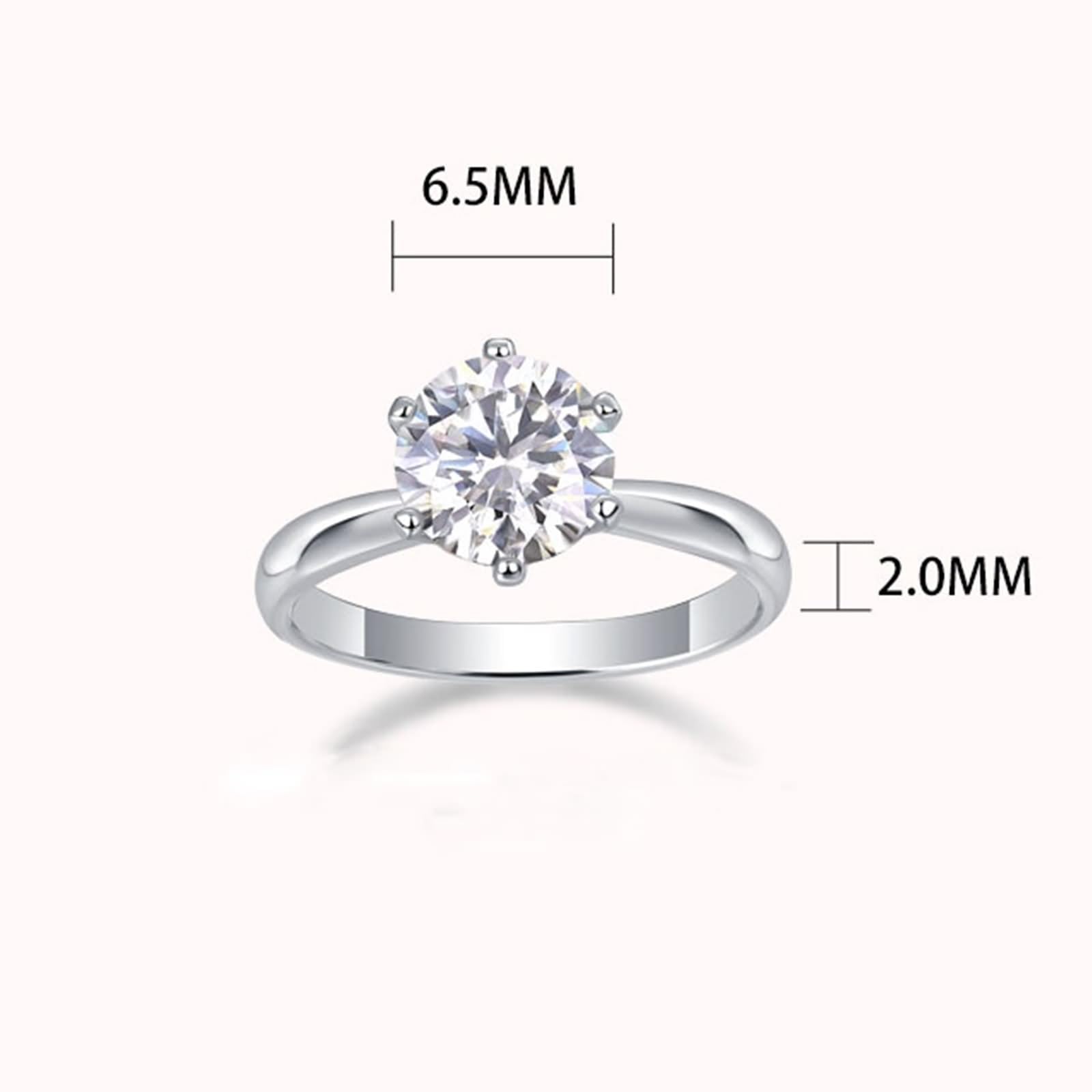 Promise Anello da donna in argento, con dito indice 2 mm di larghezza, fascia lucidata a 6 denti, moissanite 2 ct, platino, misura 52 (16,6)
