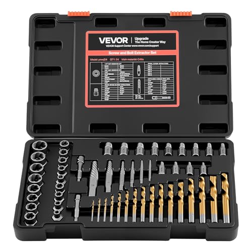 VEVOR Kit Extracteurs de Vis Cassée 54PCs, Outils d'Extraction d'Écrous Endommagés et Arrondis, pour Réparation Domicile Atelier, en Acier Cr-Mo Robuste,...