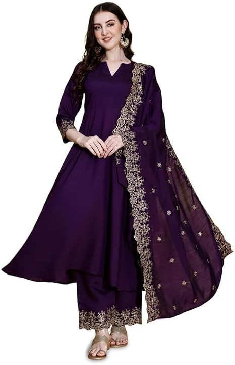 Kurta Set for Women Silk Embroidered Anarkali Kurta Set for Women with Palazzos and Dupatta