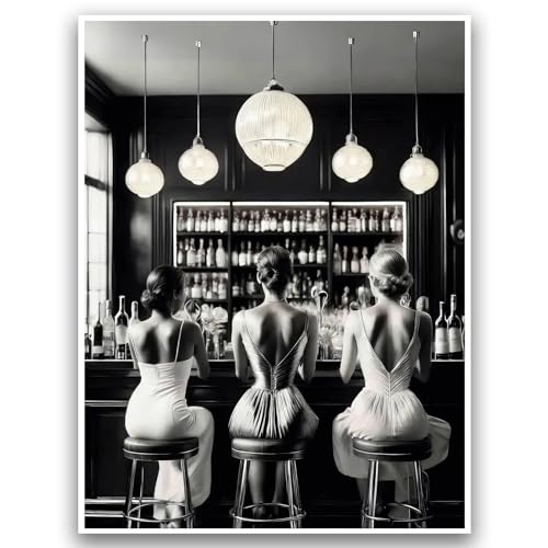 Vintage Black and White Posters Kitchen Wall Art Bar Cart Print Alcohol & Fashion Picture Trendy Women Drink Cocktail Wall Art for Living Room Store Apartment Dorm Aesthetic 12x16 Inch Unframed Decor