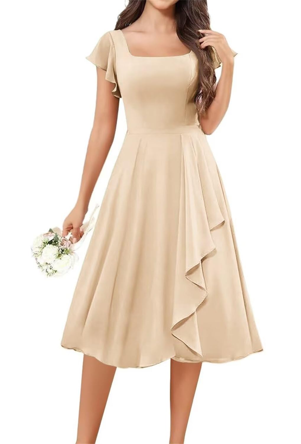 KURFACE Short Bridesmaid Dresses Champagne for Women with Sleeves Knee Length Chiffon Wedding Guest Dress Evening Gown UK10