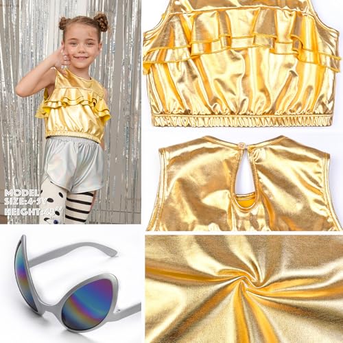 Image of Perfashion Girls Vest Metallic Half Zip Hoodie Sleeveless Leather Disco Jackets with Kangaroo Pocket 4-13Y