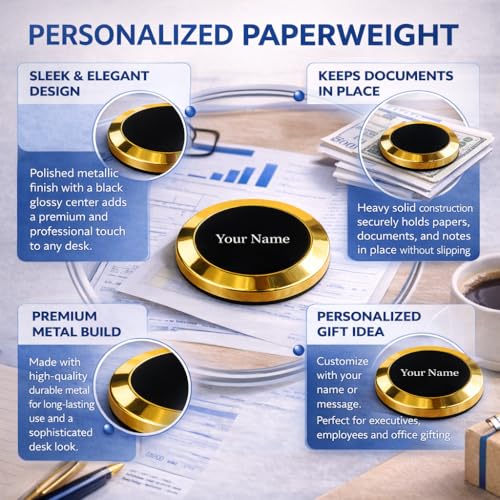 Image of Giftana Personalized Gold Round Paper Weight for Office Table, Smooth Finish Office & Home Stationery Accessory, Paperweight Showpiece Gift for Men & Women, Corporate Gift for Employees