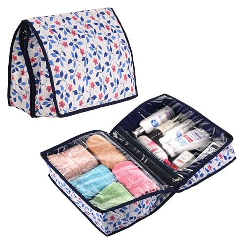 Image of Urbane Home Pack of 2 Travel Kit For Toiletries | Floral Print Bathroom Toiletry Organiser & Vanity Storage Bag /Pouch For Women | White & Blue