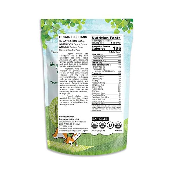 Organic Pecan Halves, 1.5 Pounds – Non-GMO, Kosher, Raw Pecan Nuts, Unsalted, Vegan, Kosher, Shelled, Sirtfood, Bulk. Good source of Calcium, and Zinc. Great for Pecan Pie, Salads, and Trail Mixes