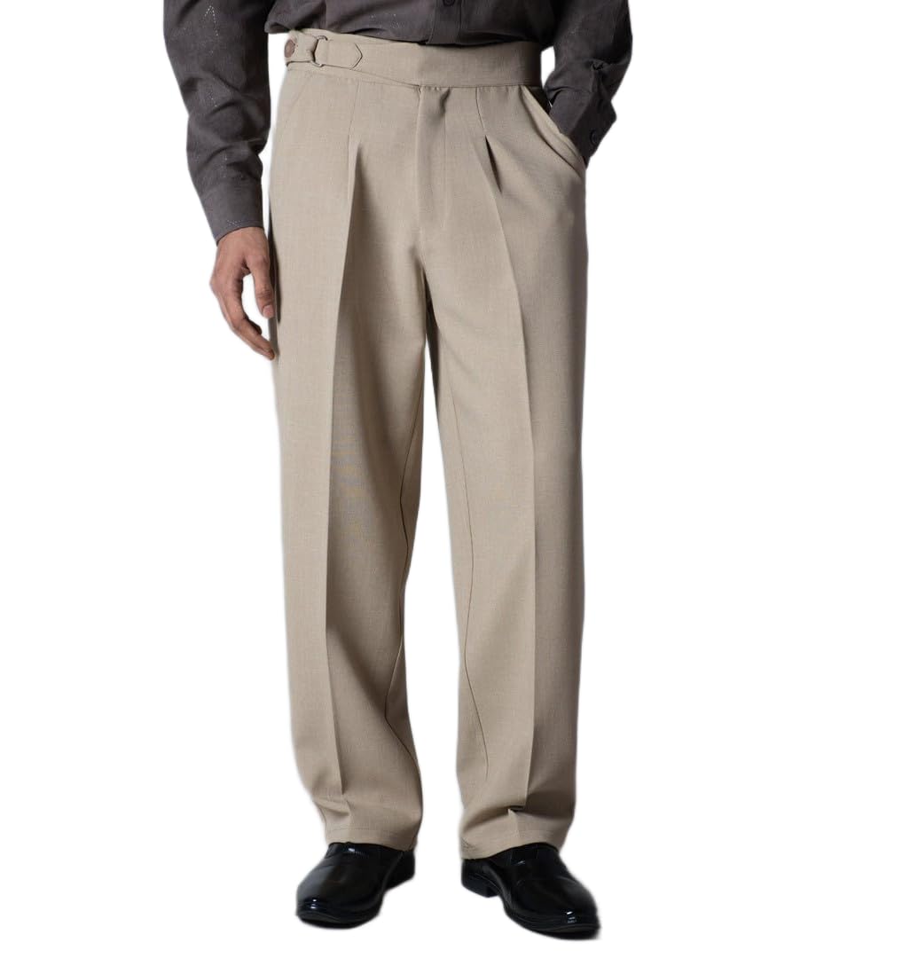 hophead Men Beige Textured Italian Style Trouser with Integrated D Ring Belt Straight Fit Formal Pants for Office and Events-picture-44