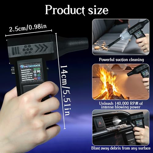 METACHOICE 140000 RPM Compressed Air Duster and Vacuum 2-in-1, Electric Duster with LED Light, Stepless Speed, 8000mAh 21700 Battery, Keyboard Cleaner for PC Removal Outdoor Barbecue (Black)