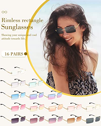 Flutesan 16 Pairs Y2k Rimless Rectangle Sunglasses Pack Tinted Frameless Square Glasses Rimless Shade Glasses for Men Women2