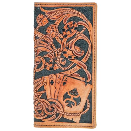 HOOEY Gambler Tan Leather Rodeo Wallet - Playing Card Embossed Genuine Leather Western Checkbook Wallet with ID Window & 6 Card Slots Long Bifold Cowboy Wallet for Men