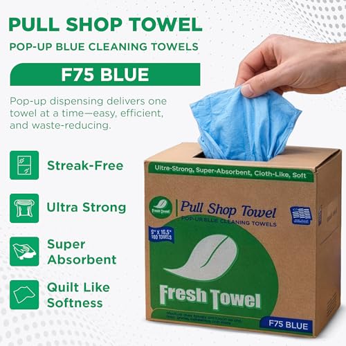 Image of Fresh Towel Pop-Up Shop Towels - Medium Duty Blue Disposable Cleaning Cloths, 9 inch x 16.5 inch - 1 Box of 160 Soft, Absorbent Wipes for Garage, Janitorial, Home & Auto - Made in the USA