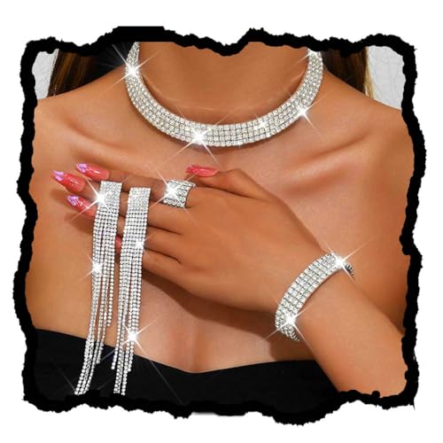 Unicra Rhinestone Bridal Wedding Jewelry Sets Silver Choker Necklace Earrings Bracelet Ring Set Prom Formal Costume Jewelry Set for Women and Brides (Silver)