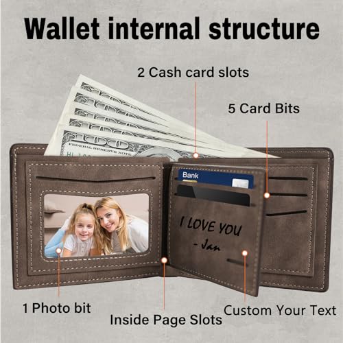 Personalized Custom Wallet for Men - Engraved Photo Name Father's Day Gift, Customized Leather Wallet Gifts for Men Husband Boyfriend Dad Son Friend (Dark Brown)2