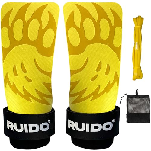 RUIDO Artemis Grips – Calleras para CrossFit sin Magnesio, Guantes Gimnasio Hombre y Mujer, Diseño Fibra de Carbono Muñequeras Gym, Calleras CrossFit para Dominadas, Mancuernas y Barra (Amarillo, Fit)