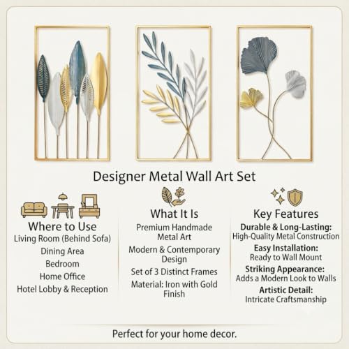 Image of SMILES GIFT Luxury Imported Wall Hanging Large 3D Gold & Floral Metal Wall Hanging Sophisticated Sculpture for Home Decor