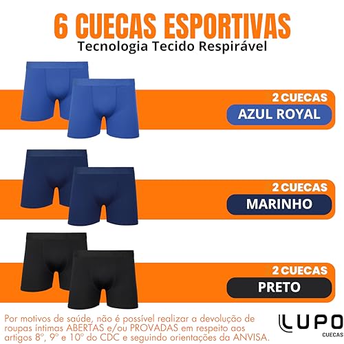 LUPO Kit 6 Cuecas Boxer Microfibra Esportiva Respirável Masculino, 2 Royal - 2 Marinho - 2 Preto, GG