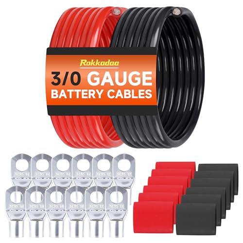 Rokkadaa 3/0 Gauge Battery Welding Cable - 10 Ft Red 10 Ft Black - 20 Feet 3/0 AWG Inverter Cables and 3 Size Lugs and Heatshrink Tubes for Truck Trailer RV Solar Winch Power Wire