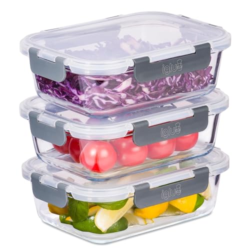 Igluu Meal Prep Boîtes Repas en verre – Réutilisables (Lot de 3) – Couvercle hermétique et sans BPA – Compatibles micro-ondes, four, congélateur et lave-vaisselle – 1050 ml – Verre Borosilicate