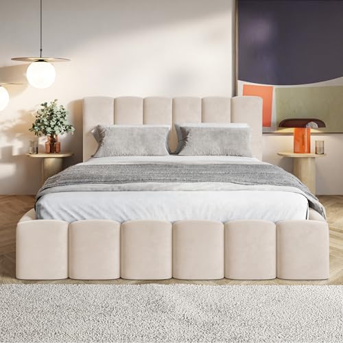 MOTIVENA Nunu Bubble Bett 180x200 Beige Samt, mit Stauraum, mit Kopfteil, mit Lattenrost, ohne Füße, ohne Matratze, Bubble Polsterbett 180x200 mit Bettkasten Beige (Creme)