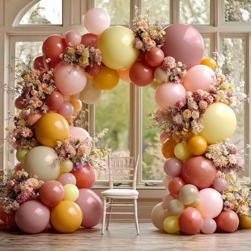 Image of Dusty Pink Yellow Balloon Arch Kit Double Stuffed, Mauve Pink Mustard Light Yellow White Sand Balloon Garland for Baby Shower Birthday Bee Groovy Boho Rainbow Sunshine Party Decoration