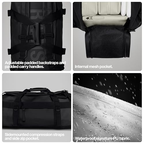 RAINS Texel Duffel Bag Small - Waterproof Black Duffel with U-Shaped Zip Closure, Mesh Pockets, Compression Straps, and Padded Carry Handles - 2 Year Warranty4