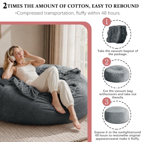 Image of Memory Foam Bean Bag Chair for Adults (Gray, 6 Foot)