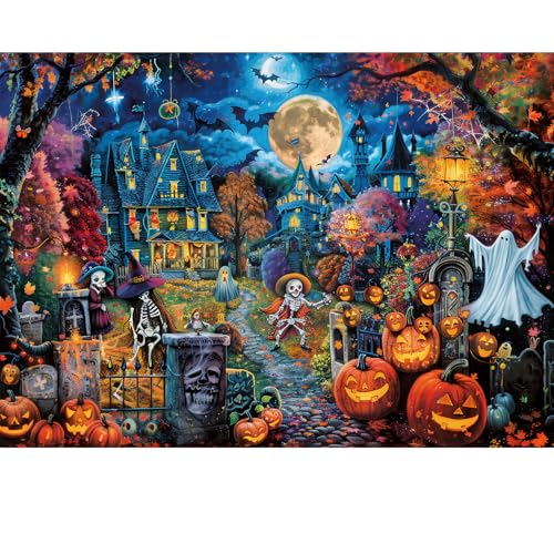 Halloween Jigsaw Puzzles 1000 Pieces Horror Puzzle for Adults Spooky Scary Ghost Skeleton Featuring Holiday Witchy Haunted House Pumpkin Skeleton Grave Artwork Puzzle