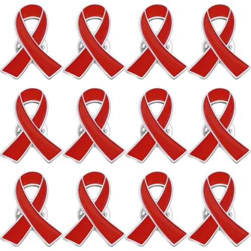 12 Pcs Red Ribbon Pins in Bulk for HIV AIDS Awareness, Drug Prevention, Heart Disease Awareness, Red Ribbon Awareness Pins for Men Women Doctors