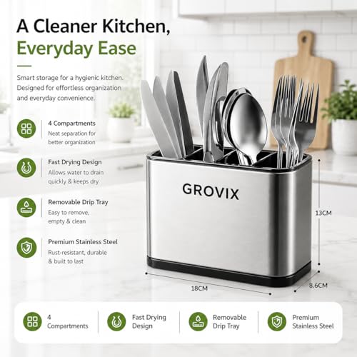 Image of Stainless Steel spoon holder for kitchen counter top | Spoon stand for kitchen steel | Cutlery Stand with Plastic Divider | Rust Resistant Fork Knife spoon organiser for kitchens
