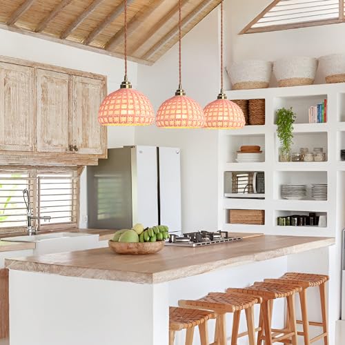 Image of Pink Ceramic Pendant Light Farmhouse Brass Finish Modern Pendant Light Minimalist Style Ceiling Hanging Lamp for Kitchen Island Bedroom Bedside