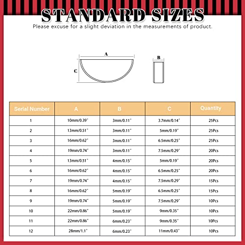 Hilitchi 205Pcs 12 Sizes Carbon Steel Woodruff Keys Half Moon Assortment Kit, Semicircle Bond Key Hardware Metric Assortment Kit, Woodruff Key-Crankshaft For Fasteners Mechanical Industry #TOP1