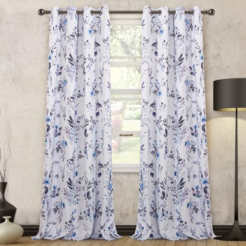 Image of MYSKY HOME Floor to Ceiling Floral Blackout Curtains 108 inch Long 2 Panels Set Thermal Insulated Room Darkening Drapes Grommet Top for Living /Dining Room, Grey and Blue, 52 inch W Each Panel