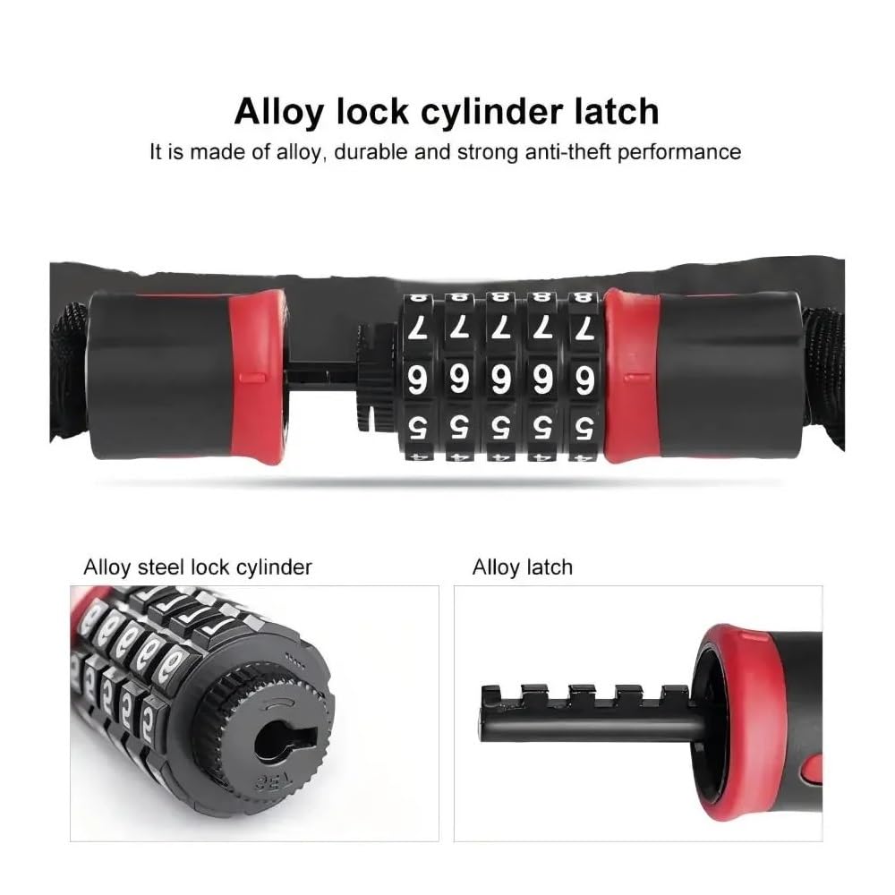 Candado de cadena for bicicleta antirrobo alta seguridad, con contraseña reiniciable, for, motocicleta y scooter, cable duradero Candado para bicicleta(Red 90CM)