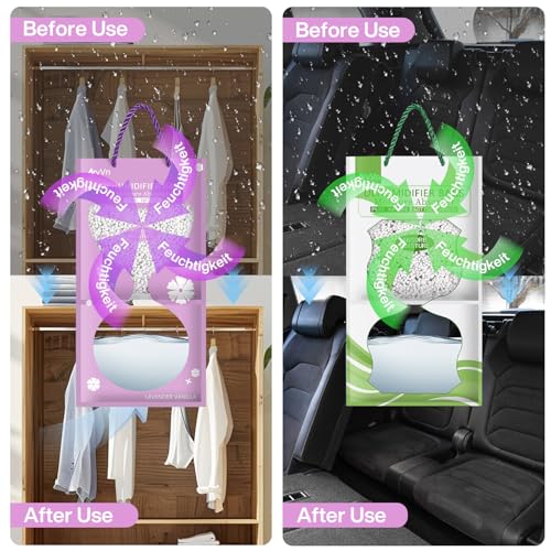 SaiXuan Hängender Entfeuchtungsbeutel, 8 Pcs Luftentfeuchter Beutel mit Lavendel und Grüntee, Feuchtigkeitsabsorber mit Anti-Schimmel-Effekt, für Kleiderschränke, Autos, Badezimmer, Schuhschränke