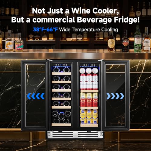 Image of BODEGA COOLER Wine and Beverage Refrigerator, 24 Inch Dual Zone Wine Fridge, Holds 20 Bottles and 74 Count, French Doors, Under-counter or Freestanding Wine Cooler, Beverage Fridge with Tempered Glass