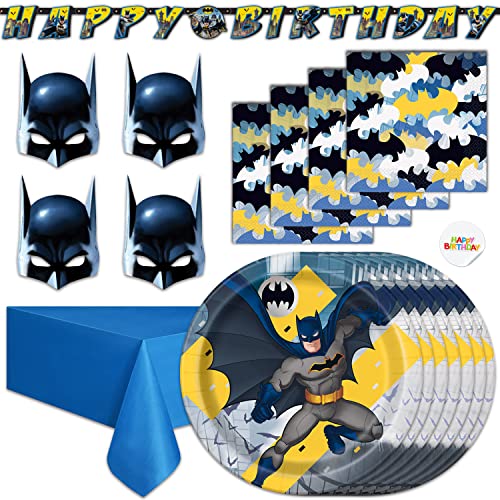 Batman Party Supplies | Batman Birthday Decorations | Includes Batman Plates, Table Cover, Masks, Napkins and Batman Banner | Superhero Birthday Decorations and Batman Decor for Boys Serves 16
