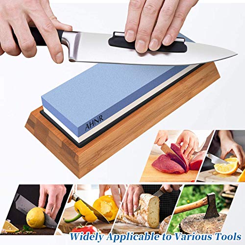 Whetstone Knife Sharpening Stone Dual Sided 1000/6000 Grit Waterstone, AHNR Premium Kitchen Knife Sharpener Whetstone Kit with NonSlip Bamboo Base & Angle Guide for Kitchen/Pocket Knives/Blades - Thumbnail 2