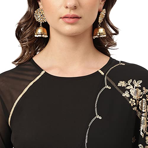 Image of FIORRA Women's Black Poly Crepe A-line Kurta with Pant and Dupatta