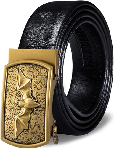 Barry.Wang Mens Black Belts Leather Ratchet Designer Automatic Buckle Slide Click 1 3/8 Strap Dress Jeans Casual Gift 80s 90s