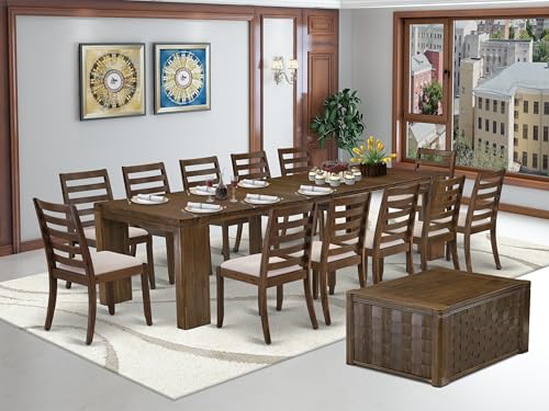 Image of X12X1-0C8-04 - 14-Pc Mid Century Dining Set includes 1 Rectangle Kitchen Table, 1 Coffee Table, 12 Stackable Polyester Fabric Dining Chairs, 39x120 Inch, Antique Walnut