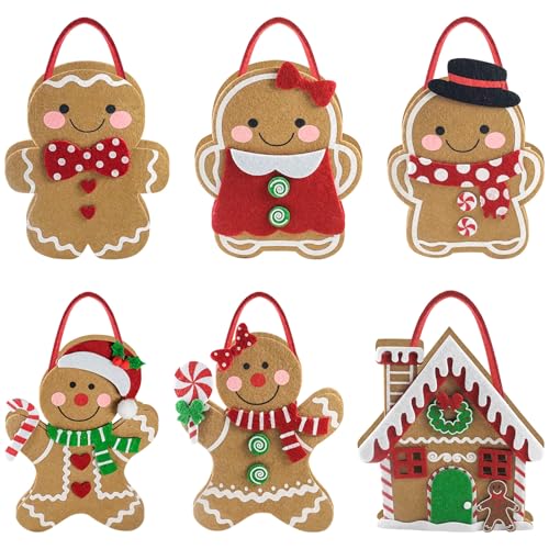 6 PCS Felt Christmas Treat Bags Small Christmas Party Favor Gift Bags for Holiday Candy, Snacks, and Goodies Wrapping Xmas Holiday Stuffers Holders for Guest Families Supplies (Gingerbread Man)