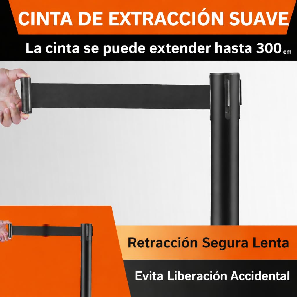 Juego de 6 postes con cinta retráctil, Poste de barrera, Cintas retráctiles de 305 cm, Barrera de seguridad para la gestión de multitudes (Negro, base rellenable con agua)