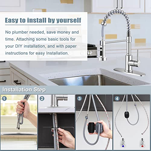 Homikit Kitchen Sink Faucet Brushed Nickel With Pull Down Sprayer, Stainless Steel Spring Kitchen Faucets With Deck Plate 1 Or 3 Hole, High Arc Commercial Faucet For Farmhouse Laundry Utility Rv #TOP4