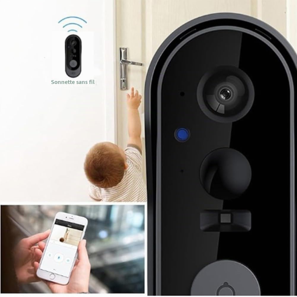 Sonnette vidéo sans fil, sans abonnement, sonnette vidéo 1080p avec carillon, audio bidirectionnel, pour vision nocturne, Wi-Fi 2,4 G, intérieur et extérieur