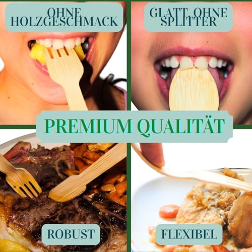 XL 300 Besteck-Set, Bambus, umweltfreundlich, kompostierbar, wiederverwendbar. Kein Holz Geshmack – 100 Gäste (Gabel 16cm/Messer 16cm/Dessertlöffel 14cm). Picknick, Grill, Party, Camping @Claudi Home