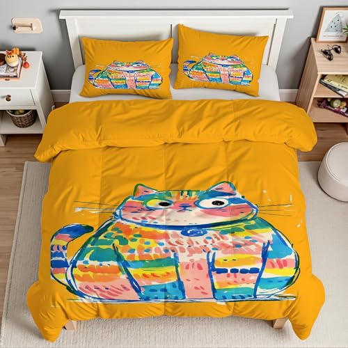 YZQGLHP Edredón Plumón 3D Gatito Garabato Edredón Microfibra Suave Dibujos Animados Juego de Ropa de Cama Duradera para Todas Las Estaciones, Lavable a Máquina, 220 x 240 cm, 6 Fundas Almohada