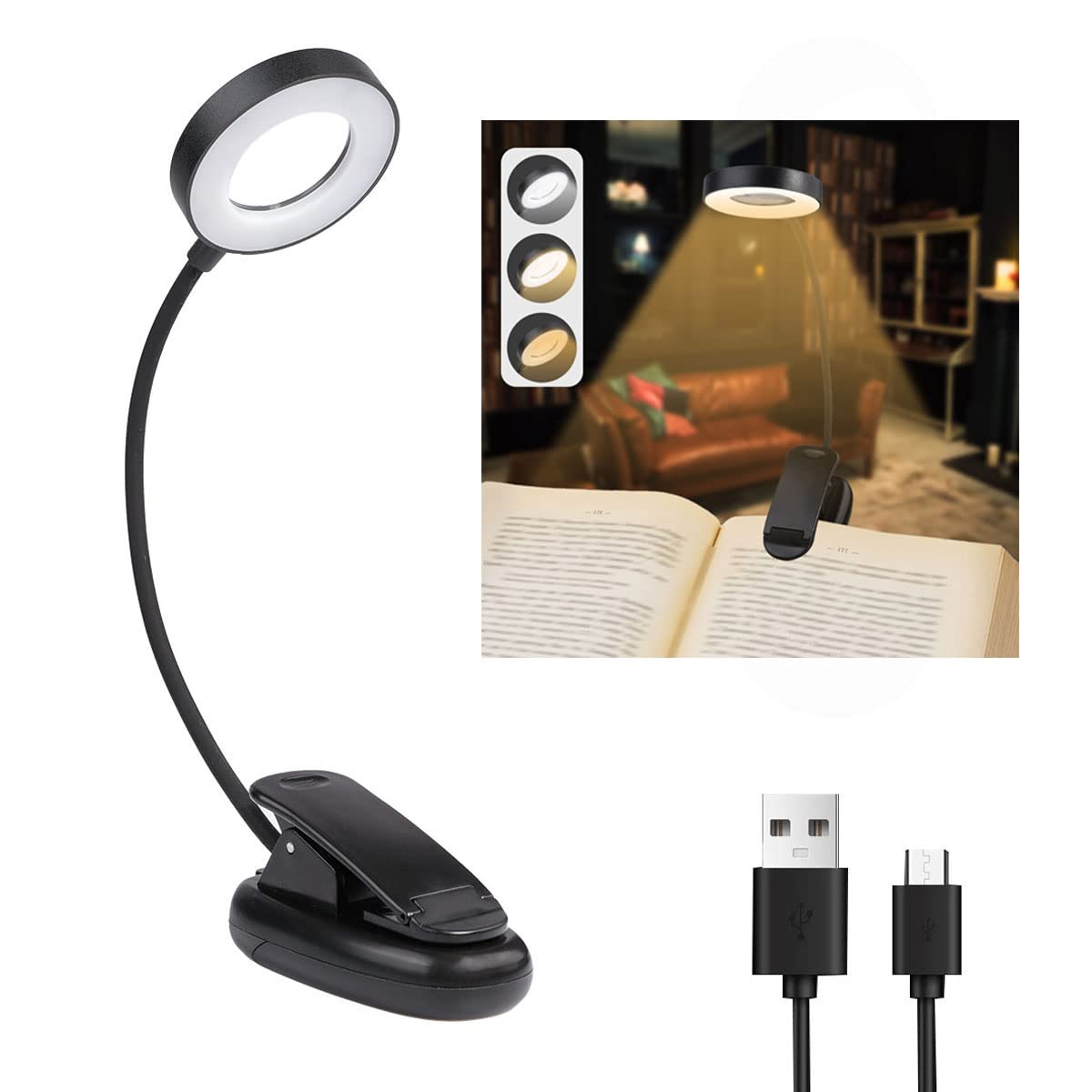 Book Light for Reading in Bed, 14 LED Rechargeable Reading Light, 3 Colors & 3 Brightness, 360° Adjustable Mini Clip on Light, Lightweight Eye Care Book Light Perfect for Readers & Kids