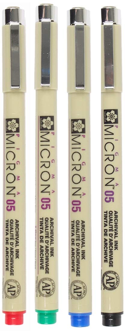 SAKURA PIGMA MICRON, opakowanie 4 niezbędnych kolorów, czarny + czerwony + niebieski + zielony, (05)
