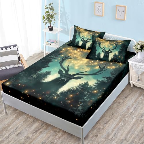 Bed Sheets Animales Verdes Dorados Sabana Bajera Transpirable Cubre Colchon 90x190 Microfibra Juego de Cama Suave Funda Colchon Lavable Funda Colchón 90x190 30cm Profundidad