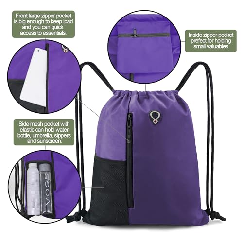 Image of BeeGreen Dark Purple Drawstring Backpack Gym Bag For Men & Women - Sports Sackpack with Mesh Water Bottle Holder & 2 Zippered Pockets - Large 16x20 Inch Cinch String Backpack