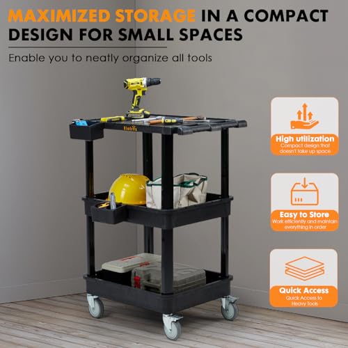 Image of ELAFROS 3-Tier Flat Top & Deep Tub Rolling Utility Cart, 27.5 x 18.25 in | 330 lbs Capacity, Heavy Duty Plastic, 4-Inch Wheels, Service Cart, Work Cart, Storage Organizer, Office Workshop Warehouse